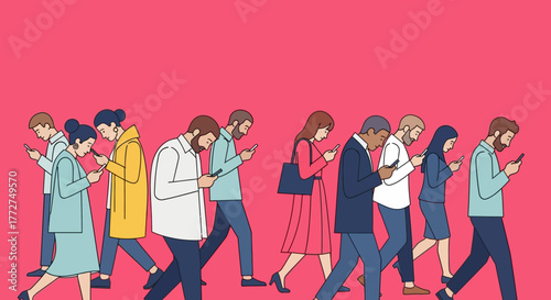 Diverse group engrossed in smartphones walking forward concept of modern social landscape
