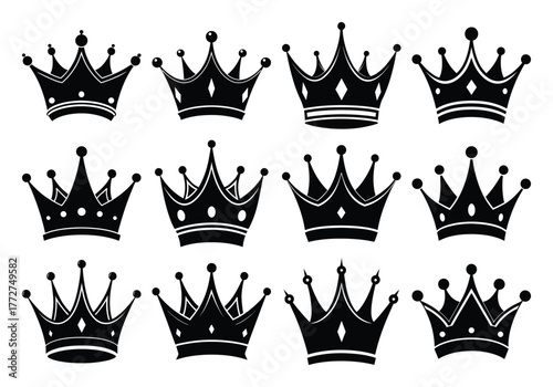 Collection of twelve hand drawn black silhouette crowns on white background for royalty and power