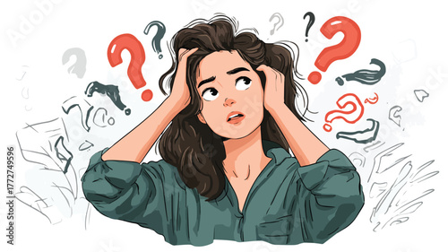 Confused Woman Scratching Head with Question Mark Seeking Solution