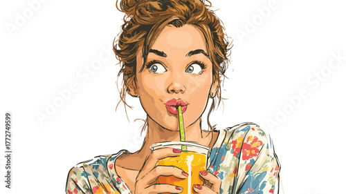 Cheerful Young Woman Enjoying Soda Drink with Colorful Straw