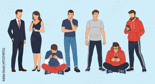 Diverse group of people interacting with smartphones and devices in casual settings