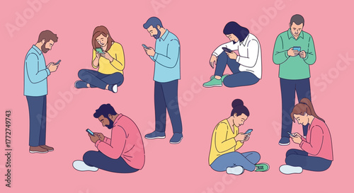 Digital lifestyle illustration showcasing people using smartphones in various poses and positions