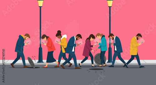 Smartphone oblivious pedestrians walking on city street while looking at their devices creating