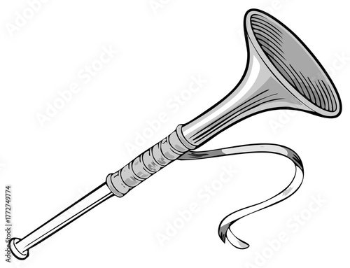 Classic Silver Bugle Musical Instrument with Decorative Ribbon Illustration