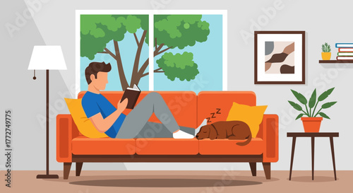 Tranquil afternoon indoors reading with a dog napping on the sofa in comfort and peace