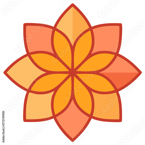 Geometric lotus flower symbol in warm orange tones. Symmetrical eight-petal floral mandala for wellness and meditation.