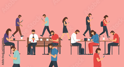 Digital isolation: People engrossed in smartphones, detached in a pink urban scenario