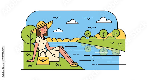 Elegant woman enjoys a tranquil riverside setting in minimalist vector illustration style