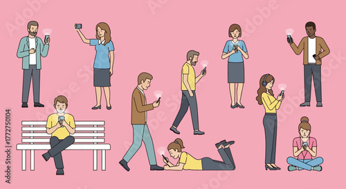 Diverse people engrossed in smartphones depict contemporary technology usage and digital lifestyle