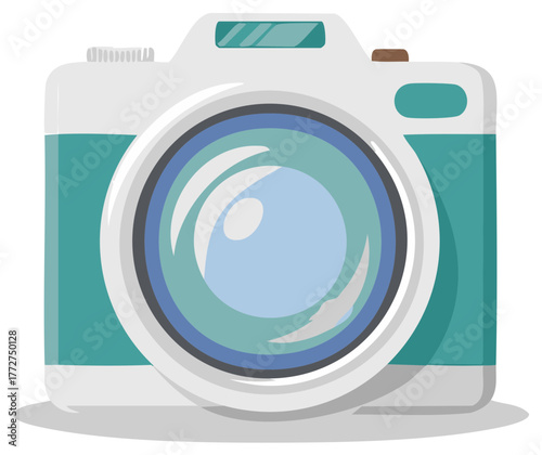 Illustration of Teal and White Camera with Lens, Retro Photography Equipment, Vector Image Capture Device