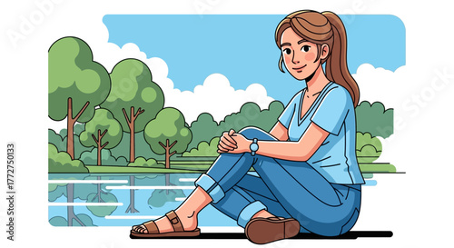 Cartoon illustration of a young woman relaxing by a serene lake, enjoying peaceful scenery