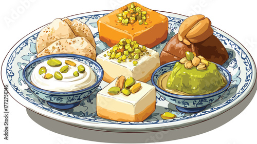 Exquisite Middle Eastern Desserts with Pistachios Arranged on Traditional Turkish Plate