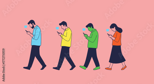 Illustrated depiction of individuals immersed in their smartphones while moving forward together