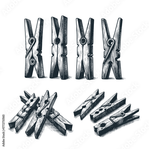 The wooden clothes pegs – Black and White Icon Vector and Illustration