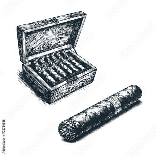 The cigar with wooden box – Black and White Icon Vector and Illustration