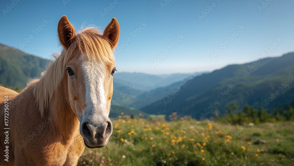 Obraz premium Adorable horse resting in a grassy hill area under a clear blue sky, tranquil atmosphere
