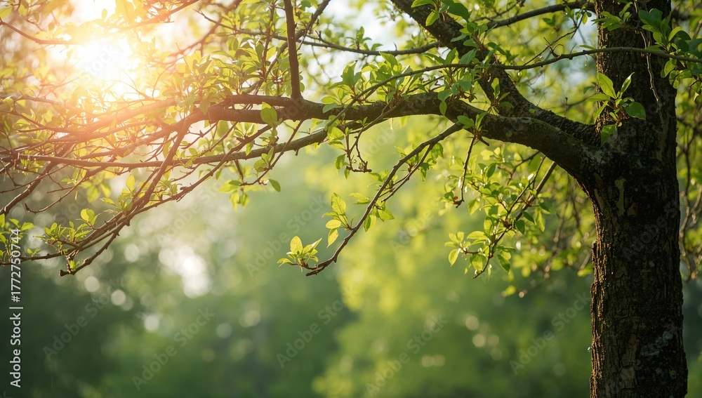 Obraz premium Emergence of new leaves on tree branches, signaling the arrival of spring