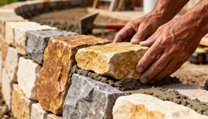 Fotobehang Bruin Closeup of hands positioning natural stone pieces carefully to create an elegant durable landscape retaining wall.  © DigitalSpace