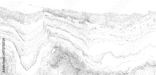 Black and white abstract topographic contour lines and stippled texture background