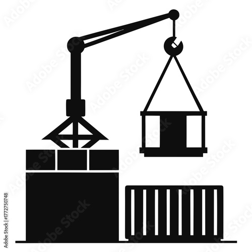 Industrial crane lifting cargo container at port silhouette