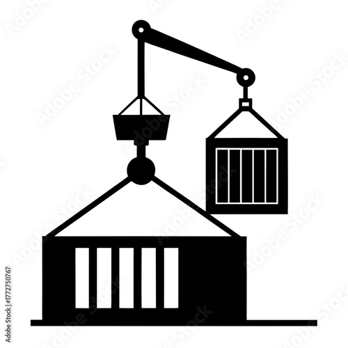 Industrial crane lifting shipping container silhouette