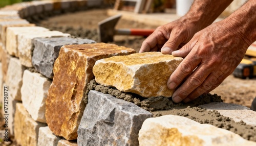 Fototapeta Naklejka Na Ścianę i Meble -  Closeup of hands positioning natural stone pieces carefully to create an elegant durable landscape retaining wall.