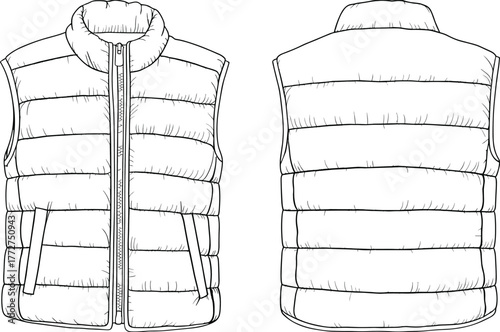 Padded vest technical sketch, front and back view, quilted design, high collar, zipper closure, fashion template, apparel layout