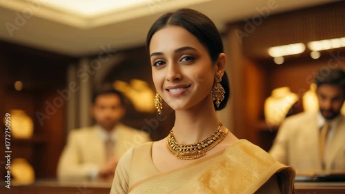 Beautiful Indian Woman in Gold Saree and Traditional Jewelry in Shop generative ai