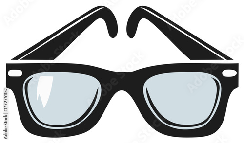 Iconic black framed eyeglasses with clear lenses and stylized arms