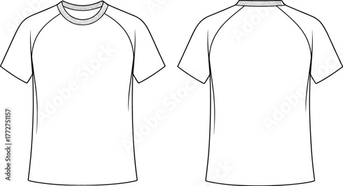 Raglan T-shirt technical sketch, front and back view, crew neck, short sleeve, diagonal seam, fashion template, apparel layout