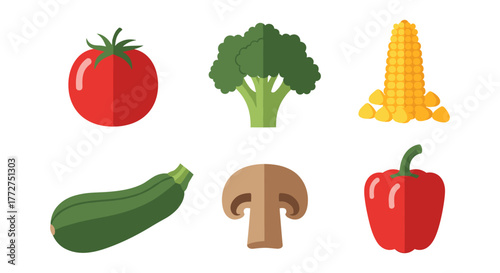 Fresh vegetable icons set featuring tomato, broccoli, corn, zucchini, mushroom, and pepper
