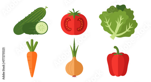 Fresh vegetable set featuring tomato, cucumber, lettuce, carrot, onion, and bell pepper in flat style