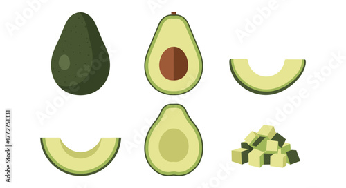 Fresh avocado slice collection with diverse cuts and styles