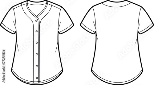 Baseball jersey silhouette, front and back view, button-down shirt, V-neck collar, short sleeve, blank uniform, sports apparel layout