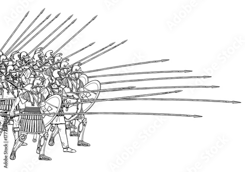 Macedonian Phalanx in battle. Ancient warriors. Historical drawing.