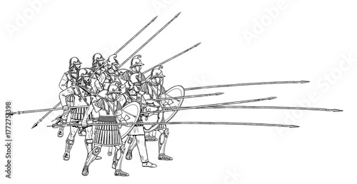Macedonian Phalanx in battle. Ancient warriors. Historical drawing.