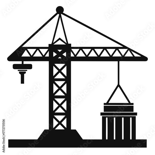 Construction crane lifting building silhouette on white background