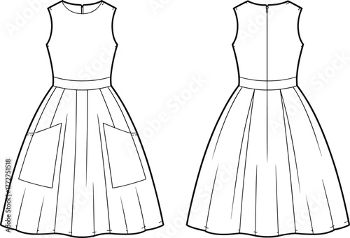 Sleeveless dress technical sketch, front and back view, pleated skirt, round neckline, patch pockets, zipper closure, fashion template