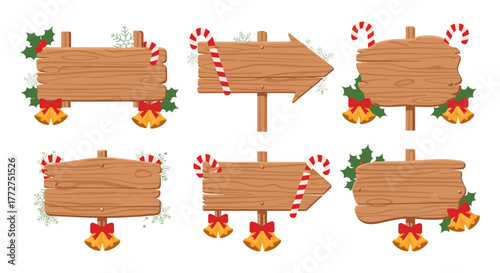 Festive wooden signs with holly and candy canes for christmas decorations