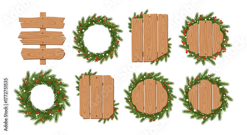 Rustic christmas wood signs and wreaths with holly and pine in realistic style