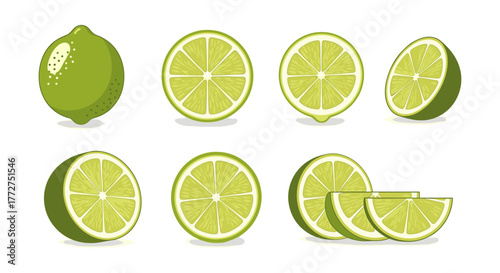 Fresh lime set: whole, halves, and slices in vibrant colors for culinary designs