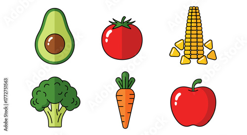 Colorful cartoon fruits and vegetables set on white background