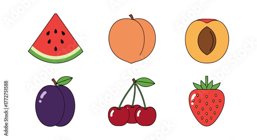 Colorful assorted fruits in simple cartoon style on white background