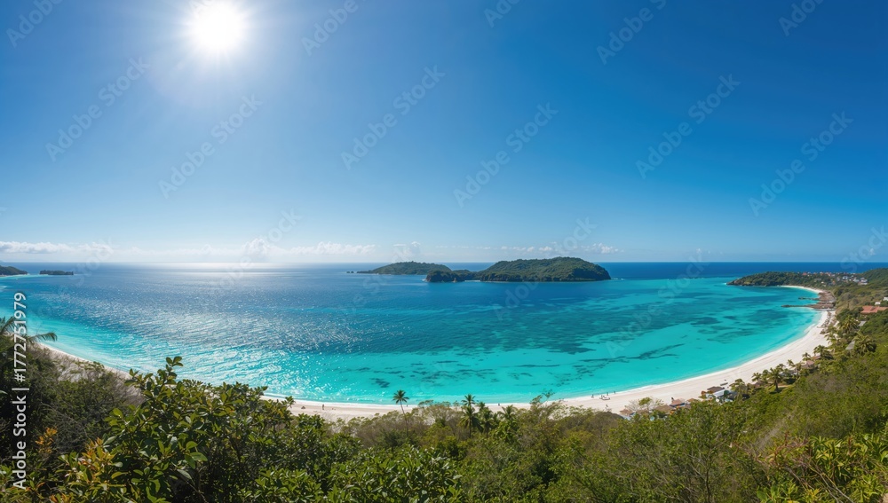 Fototapeta premium Discover the vibrant tropical paradise of a beautiful island featuring immaculate white sands and sparkling clear turquoise Caribbean waters