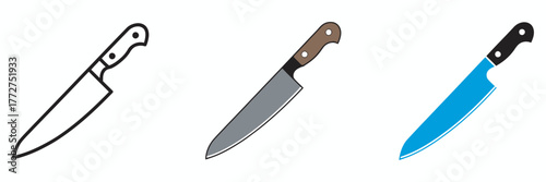 Set of three illustrated chef knives, a minimalist design for kitchen and cooking concepts