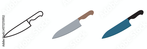 Graphic chef knife icon set outline, silver, and blue kitchen tool illustrations