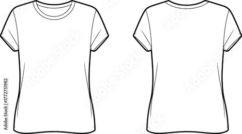 T-shirt technical sketch, front and back view, crew neck, short sleeve, blank shirt, fashion template, apparel layout, garment design
