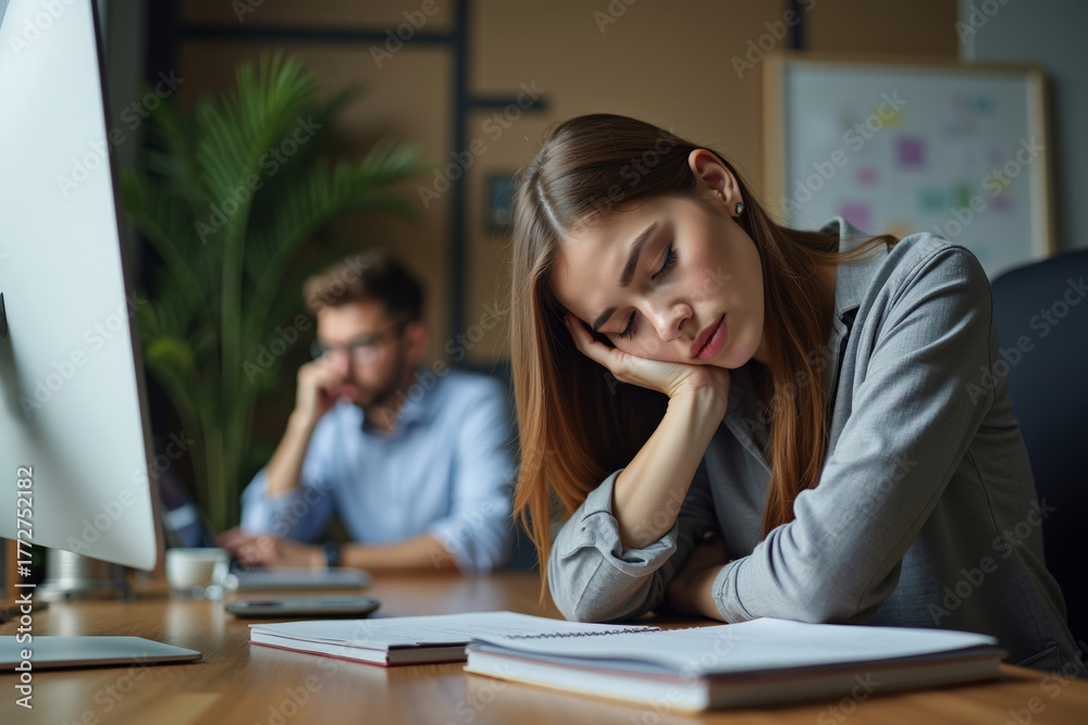 Obraz premium Image of a Tired Boss Napping at Desk While Dedicated Employee Works Nearby