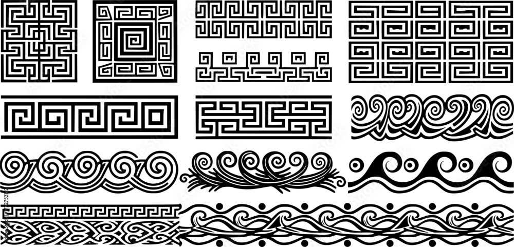 Fototapeta premium Ancient Greek borders. Greek Roman meander and wave decorative seamless patterns vector illustration set. Greek geometric meander borders