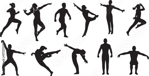 Dynamic silhouettes of people running, stretching, dancing, and practicing yoga for fitness, wellness, and healthy lifestyle concepts